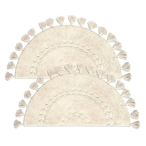 Pack of 2 Unique Boho Rug - Half Circle Rug with Crochet Insert Detail & Tassels -100% Cotton Boho Bathroom Rugs -Decorative Non-Slip Bohemian Rug for Bath & Bedroom - Cute Boho Decor - Cream - Image 1