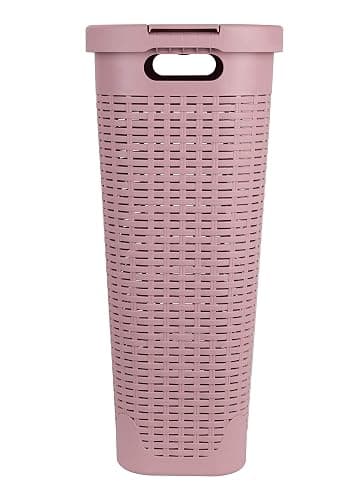 Mind Reader 40L Slim Laundry Hamper, Clothes Basket, Lid, Wicker Design, Plastic, 18"L x 10.4"W x 23.5"H, Pink - Pink - Single thumbnail 4