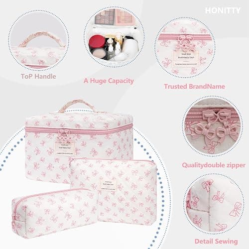 Makeup Bag,Quilted Cosmetic Bags,Large Floral Make Up Organize bag,Makeup Bag Set for Women,Flower Travel Toiletry Bag thumbnail 3