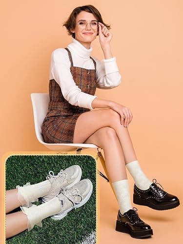 Fourluoo 6 Pairs Ruffle Socks Women Frilly Lace Ankle Socks Cream Lolita Princess Bow Breathable thumbnail 6