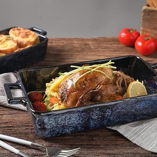 VICRAYS Ceramic Bakeware Set, Porcelain Rectangular Lasagna Pans Casserole Dish Set for Baking, Cooking, Kitchen, Cake Dinner, Banquet and Daily Use, 3 PCS, 15 x 8.5 Inches(Blue) thumbnail 5