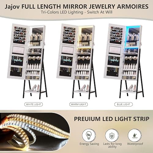 jajov 47.2" LED Jewelry Cabinet Armoire, Standing Full-Length Mirror With Jewelry Storage, Jewelry Organizer Armoire, Lockable Jewelry Mirror Cabinet (Rustic White) thumbnail 5