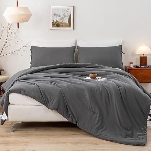 BOHOPOPM Ultra-Soft Cozy Polycotton Bedding Comforter Queen Set - Comfy Fluffy Down Alternative Comforter Queen Size with 2 Pillow Case - Lightweight but Warm Bed Blanket All Season - Dark Gray thumbnail 8