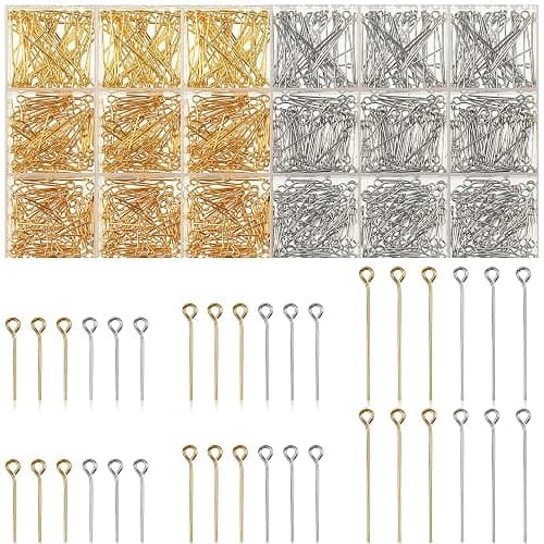 Junkin 1400 Pcs Eye Pins Mix Jewelry Findings 0.63 * 0.79 * 1.18 in Open Eye Head Pins Findings for Jewelry Making DIY Necklace Bracelets(Gold, Silver) - Image 1