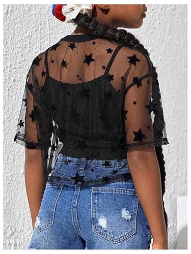 BEAUDRM Girl's 2 Piece Set Star Graphic Sheer Mesh Shirt Crew Neck Short Sleeve Crop Top with Camisole thumbnail 2