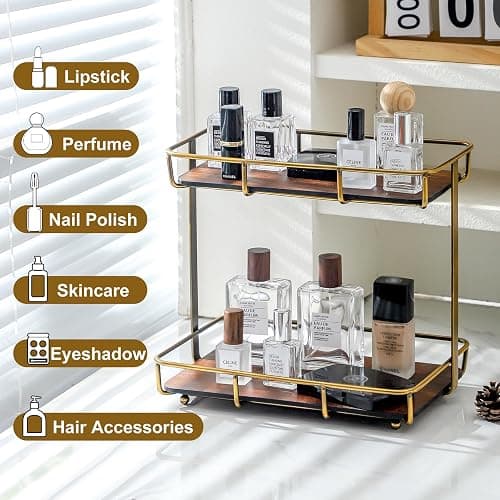 Dobbyby Bathroom Organizer Countertop Perfume Organizer Makeup Organizer Cosmetics Storage Display Rack Vanity Tray Dresser Stainless Steel Gold Shelf Wooden Tray thumbnail 6