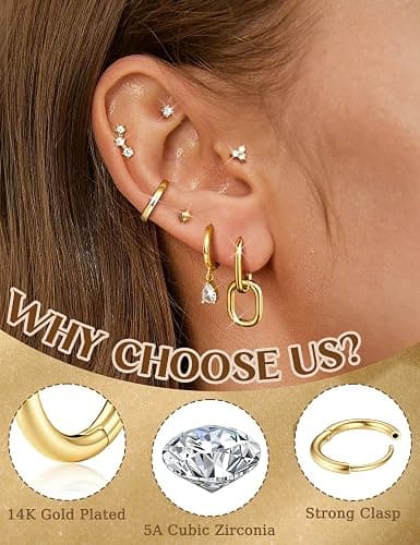 LOLIAS Hypoallergenic 14K Gold Plated Hoop Stud Earring Stacks for Women Trendy - Chain Cartilage Earrings Cute Silver Huggie Earrings Sets for Multiple Piercing Jewelry Lightweight 8Pairs thumbnail 4