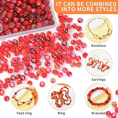Rired 27 Glass Beads for Jewelry Making, 900pcs Red Bead Jewelry Making kit, 8mm Round Assorted Beads with Bicone and Seed Beads for Bracelet Making thumbnail 3