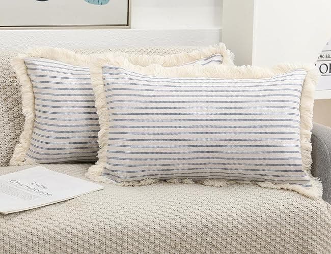 NUYECY Set of 2 Light Blue Boho Throw Pillow Covers 12 x 20,Cotton Neutral Pillow with Tassel Fringe,Decorative Lumbar Pillow Cover Pillow Case Cushion Cover for Bed Sofa Couch Farmhouse - Image 1
