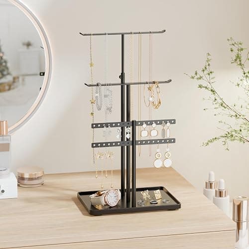 susswiff Jewelry Holder Organizer Stand - Adjustable Jewelry Tree 17.5" Height (Max), Jewlery Hanger for Necklaces, Bracelets, Earrings, Aesthetic for Storage and Display, Metal, Black thumbnail 2