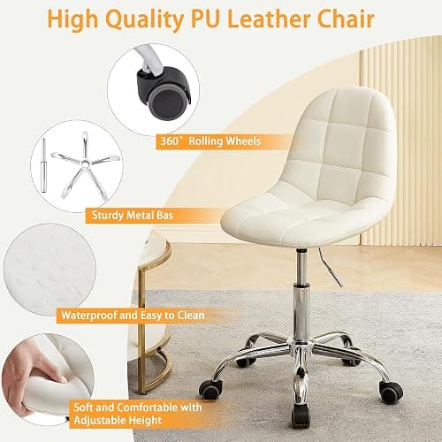 VECELO Stylish Height Adjustable Faux Leather Vanity Chair, Modern Swivel Makeup Chair with Rolling Wheels, Comfortable Padded Task Chair for Bedroom, Dressing Room & Home Office – White thumbnail 5