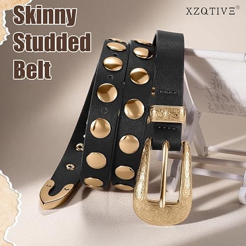 XZQTIVE Women's Punk Studded Skinny Belt – Western Belt with Engraved Buckle for Jeans & Dresses thumbnail 7