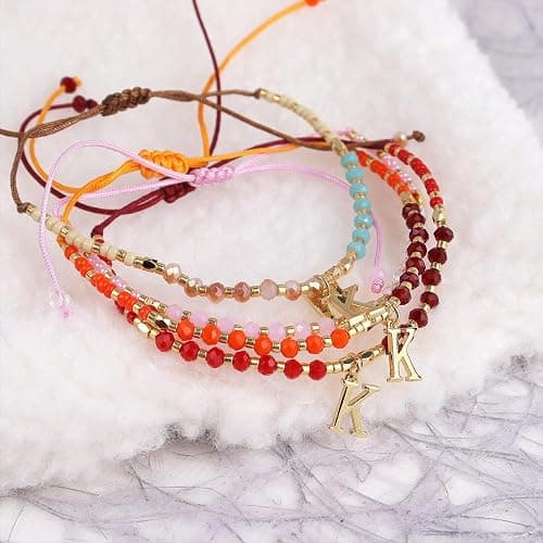 Agriajun Red Gold Beaded Natural Stone Initial Bracelets for Women Teen, Boho Handmade Personalized Ruby Gemstone Beads Letter Name Braided Rope Adjustable Bracelet Bohemian Jewelry Gift thumbnail 4