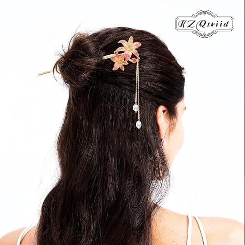 KZQtriid Hair Accessories，14k Gold Plated Copper，Vintage Handcrafted，7.28" Hair Chopsticks For Women，Colour Enamels Pearl Lilies Tassels Hair Stick，Hair Clip thumbnail 2