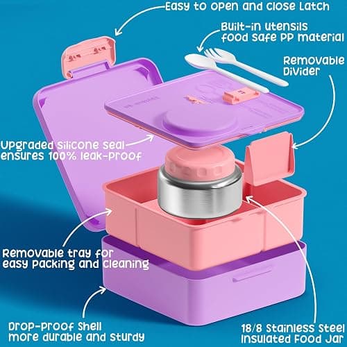 Fimibuke Bento lunch Box Set for Kids Adult with 8oz Thermos Food Jar, Insulated Lunch Bag &Sauce Cup, Leakproof Dishwasher Safe Toddler Lunch Food Container with 3-4 Compartment for School Girls Boys thumbnail 4