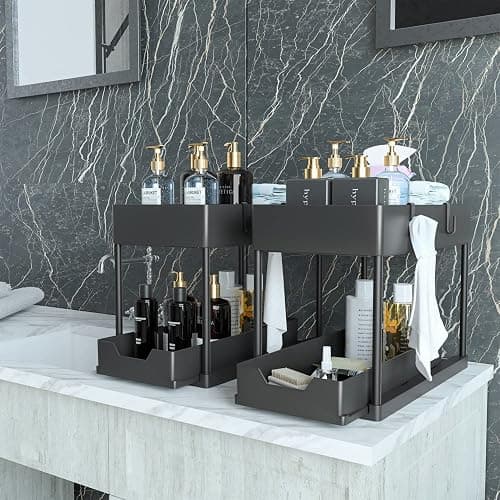 Bnimtm 2 Pack Under Sink Storage Kitchen Organiser - Sliding Drawer Pull Out Under Sink Organiser with Hooks Cup for Kitchen Bathroom thumbnail 3