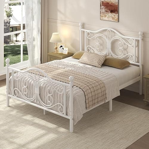 LoVinson Queen Bed Frame, Metal Platform Bed with Butterfly Pattern Design Headboard & Footboard, Heavy Duty Metal Slats, Easy Assembly, No Box Spring Needed, White thumbnail 9