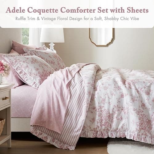 Madison Park Essentials Adele Pink Floral Queen Size Comforter Set – Vintage Bed in a Bag with Sheets, Reversible Ruffle Bedding, Elegant Gift for Her thumbnail 2