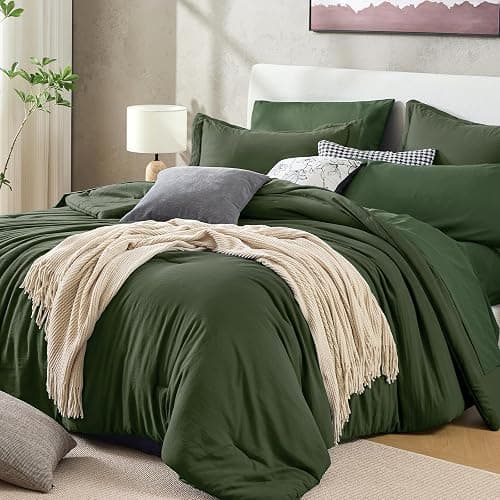 Sasttie Queen Comforter Set 7-Piece Dark Green, Pre-Washed Bed in a Bag | Soft & Breathable, All-Season Bedding Set with Comforter, Sheets, Pillowcases & Pillow Shams, OEKO-TEX, Down Alternative - Image 1