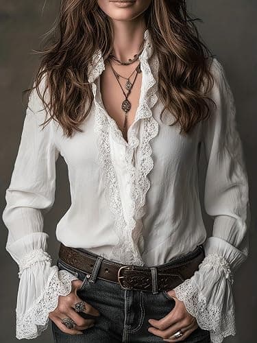 Pinclodly Women's Vintage Ruffle Lace Trim Blouse Elegant Button Down Long Sleeve Collared Shirts Dressy Casual Work Tops thumbnail 2