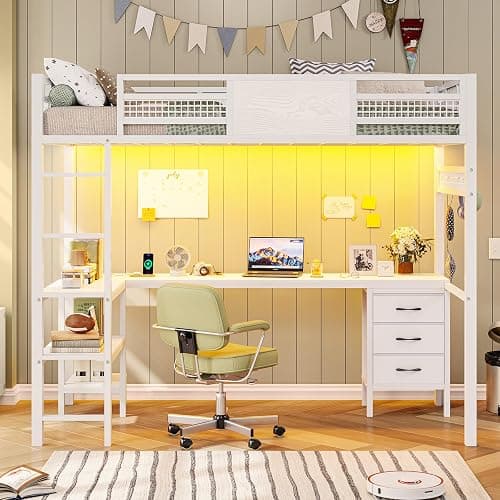 ADORNEVE Loft Bed Twin Size with L-Shaped Desk, LED Lights,Charging Station, Twin Metal Loft Bed Frame with Fabric Drawers & Shelve, 13.4" H Safety Guardrail, No Box Spring Needed, White thumbnail 8