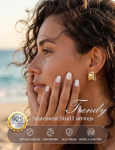 Chunky Gold Stud Earrings for Women Sterling Silver Earring Hypoallergenic | Non Tarnish 14K Gold Plated 925 Silver Posts for Sensitive Ears,Knot Statement Dangle Earrings Gold Jewelry Gifts Lightweight thumbnail 2
