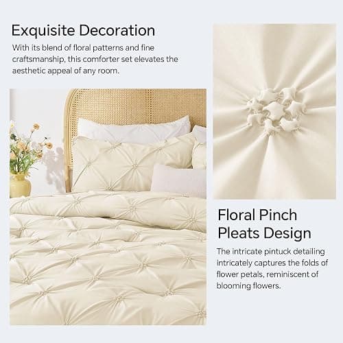 BEDELITE Queen Comforter Set Beige - 3 Pieces Boho Pintuck Bedding Sets, Queen Size Bed Set with 2 Pillow Shams for All Seasons, Room Decor Valentine's Gift,Lightweight Soft and Warm thumbnail 4