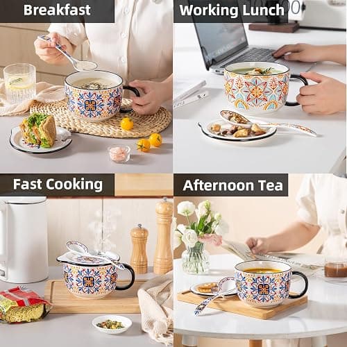 Chubacoo Soup Bowl with Lid & Spoon: Ceramic Large Microwavable Bowl with Plate Combo - Ideal for Ramen Cereal Oatmeal Noodles Sandwich Chip & Bread Dip Cracker - Big Handle, 32 oz, C-pattern thumbnail 4