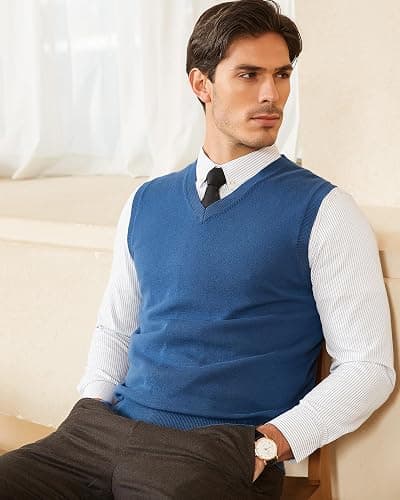 Kallspin Men's Pure Cotton Sweater Vest V Neck Regular Fit Knit Sleeveless Pullover Sweater thumbnail 5