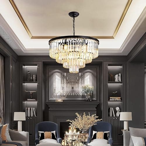 MSSIAN Modern Black Crystal Chandelier E14 Base 9 Lights,Small Flush Mount Chandelier Ideal Round Dimmable Pendant Lighting for Dining Room Living Room Bedroom Foyer Kitchen Island W60CM thumbnail 4