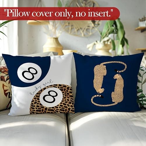 LRyeisahh Navy Blue Trendy Retro Leopard Throw Pillow Covers, Cheetah Room Decor, Cheetah 8 Ball Cherry Decorative Pillowcases Cushion Cases for Girly Bedroom Dorm Decor, 18x18 Pillow Covers Set of 4 thumbnail 4