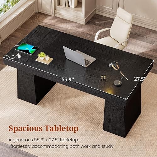 UPOSOJA 55.9 in Executive Desk with Power Outlets, Modern Home Office Desk with Storage Cabinet, Wood Computer Desk Business Workstation Desk Conference Table, Black (Storage Cabinet) thumbnail 7