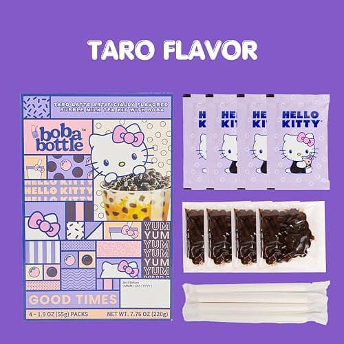 Hello Kitty Instant Boba Milk Tea Variety Kit, Brown Sugar, Taro, Match Flavor, with Taiwan Tapioca Pearls, Paper Straws Included (12 Servings) thumbnail 6
