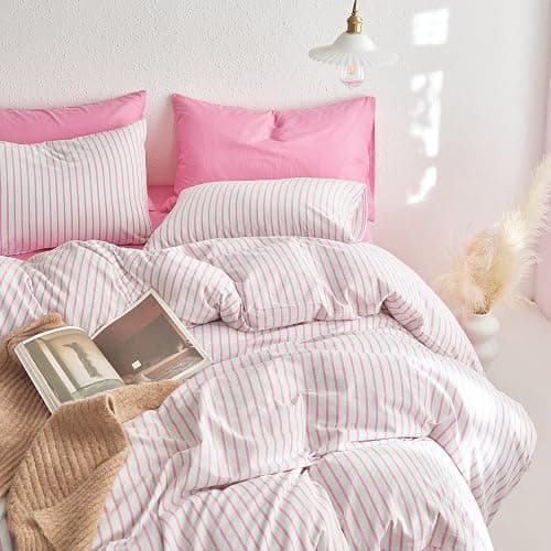 Wake In Cloud - Striped Cotton Duvet Cover Set, Ticking Stripe Vertical Pinstripe Farmhouse, 100% Washed Cotton Textured Percale Bedding Set, 3 Pieces, Pink White, Twin Size thumbnail 4