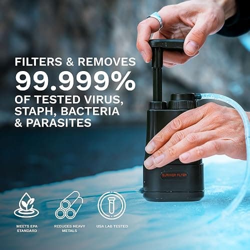 Survivor Filter PRO Portable Water Filter for Camping, Survival & Emergency | USA tested 3-stage 0.01 micron hand pump purifier, virus/bacteria/parasite & heavy metal removal, BPA-free, backpacking thumbnail 3
