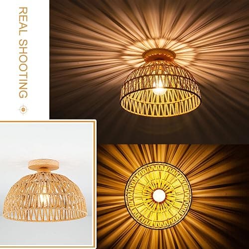 OCWHT Boho Rattan Ceiling Light Fixtures Boho Lamp Shade Flush Mount Ceiling Light Hand-Woven Small Chandelier Wooden Base Chandelier Light for Hallway Bedroom Kitchen Nursery - Brown thumbnail 7
