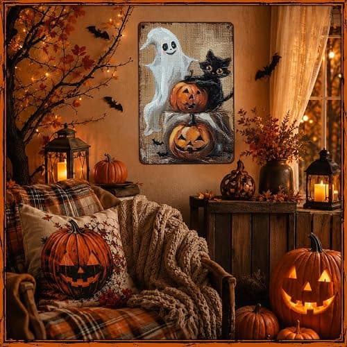 GJXFTPTTBD Black Cat Ghost Pumpkin Metal Tin Sign Halloween Decor Vintage Spooky Porch Wall Art for Home Door Bar Cafe 12x8 Inch thumbnail 2