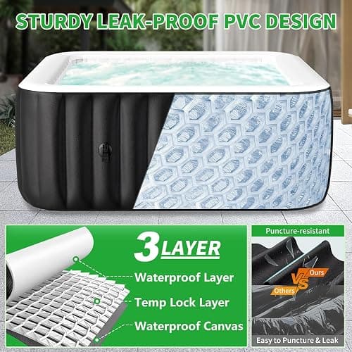 Inflatable Blow Up Hot Tub, 4-6 Person Square Portable Hot Tub, Leak-Proof PVC Outdoor Spa with 130 Strong Air Jets thumbnail 5