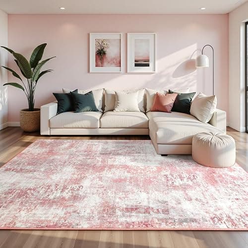 Macgace Washable Abstract Rug, 6x9 Modern Area Rugs with Non-Slip Rubber Backed for Living Room, Thin but Soft Contemporary Carpet Kitchen Bedroom Dining Room Decor, Pink thumbnail 2