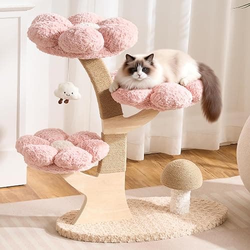 Kicari Aesthetic Flower Cat Tree Tower with Scratching Post for Indoor Cats, 37" H Modern Cat Tree with Wood Sculpted Branch, Flower Cat Beds, Mushroom Scratcher & Interactive Squeaky Toy, Pink - Image 1