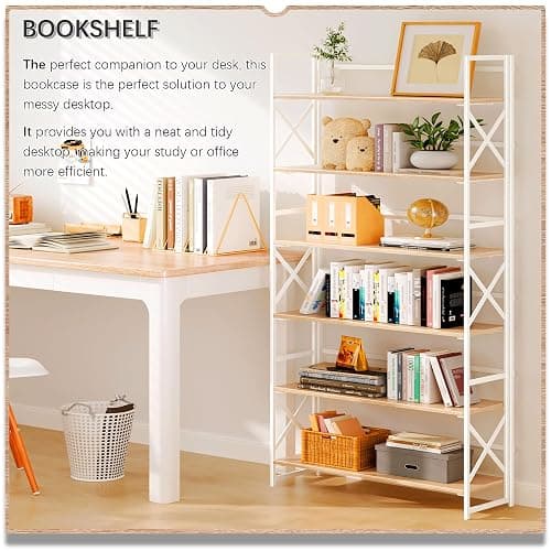 4NM Extra Wide 6 Tiers No Assembly Book Shelves, 61.8" H Folding Bookshelf Bookcase Open Industrial Foldable Shelves for Bedroom, Living Room, Home Office - Natural White thumbnail 3