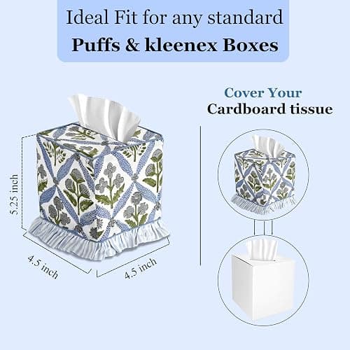 Ridhi Light Steel Blue Block Print Ruffle Tissue Box Cover Handmade Cotton Decorative Square Napkin Holder for Home Bedroom Living Room Bathroom Vanity Countertop Car Office Kitchen thumbnail 2