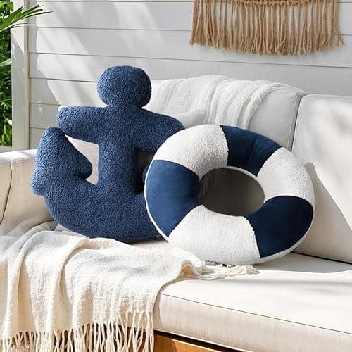 AELS 3D Anchor & Lifebuoy Nautical Decorative Throw Pillows, 19.6"& 15.7" Set of 2, Coastal Decor for Beach Enthusiasts Beach House, Sofa Couch Living Room Bedroom and Nursery, Navy Blue and White thumbnail 7