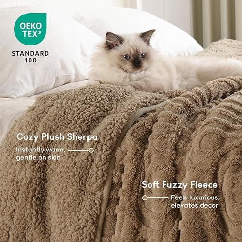 Cottonblue Jacquard Weighted Blanket for Adults 15 lbs Queen Size, Cozy Fluffy Sherpa Fleece Weighted Throw Blankets 60" x 80" for Sleep Relax, Fuzzy Warm Arch Heavy Blanket Soft for Bed Couch, Khaki thumbnail 3
