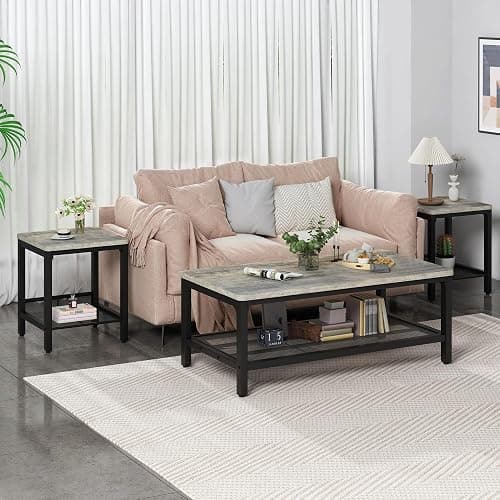 AWQM Coffee Table Set of 3, Industrial Coffee Table with 2 Square End Side Tables, Modern Living Room Table Set with Metal Frame for Apartment Home Office, Grey thumbnail 2