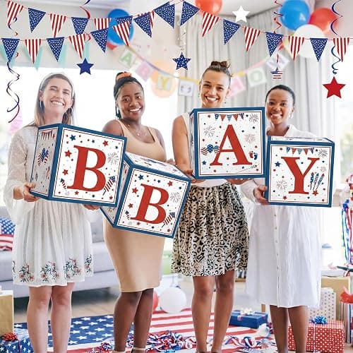 Vicenpal Red White and Blue Baby Shower Boxes with Letters for 4th of July 250th Anniversary Patriotic Decorations Gender Reveal Decoration Photo Prop Independence Day Decor Set of 4 thumbnail 5