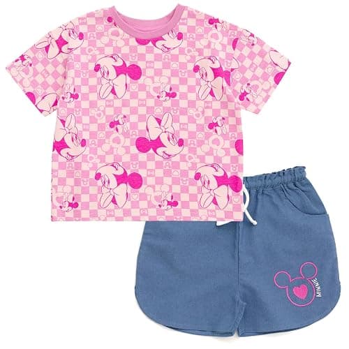 Disney Minnie Mouse Rainbow Floral T-Shirt and Chambray Shorts Outfit Set Infant to Big Kid Sizes (12 Months - 14-16) - 2T - Pink Checkerboard / Blue - Image 1