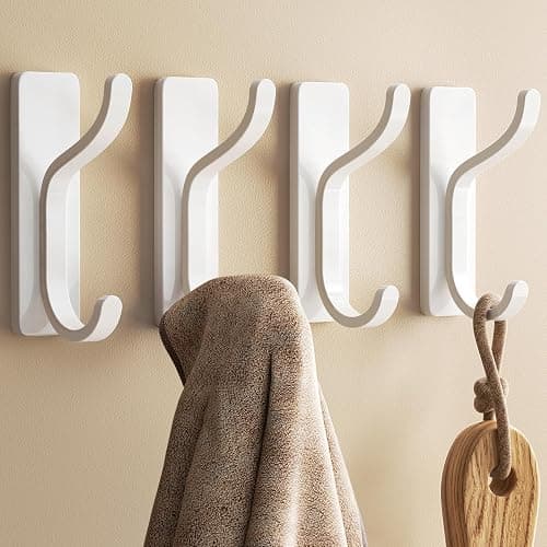 pickpiff Adhesive Wall Coat Hooks - Heavy Duty Stick-On Door Hanger, Metal Hook for Hanging Towel,Purse, Robe, Backpack, Jacket, Clothes - for Bathroom,Dorm, Closet, Kitchen - White, 4 Pack - Image 1