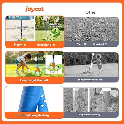 JoyCat 3-in-1 T Ball Set for Kids 3-5,Toddler Baseball Set-T Ball Stand,Hanging Tee,Auto Launcher,6 Balls-Adjustable Height Sports&Outdoor/Indoor Toys for 3 4 5 6 7 8 Year Old Boy Girl Birthday Gift | Adjustable stand switches among tee, hanging-ball and auto-launcher play for indoor or backyard batting practice thumbnail 3