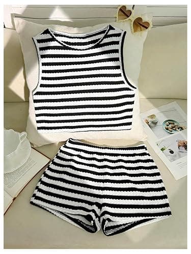RoseSeek Girl's 2 Piece Striped Summer Outfits Textured Knit Sleeveless Crop Tank Top and Shorts Matching Set thumbnail 5
